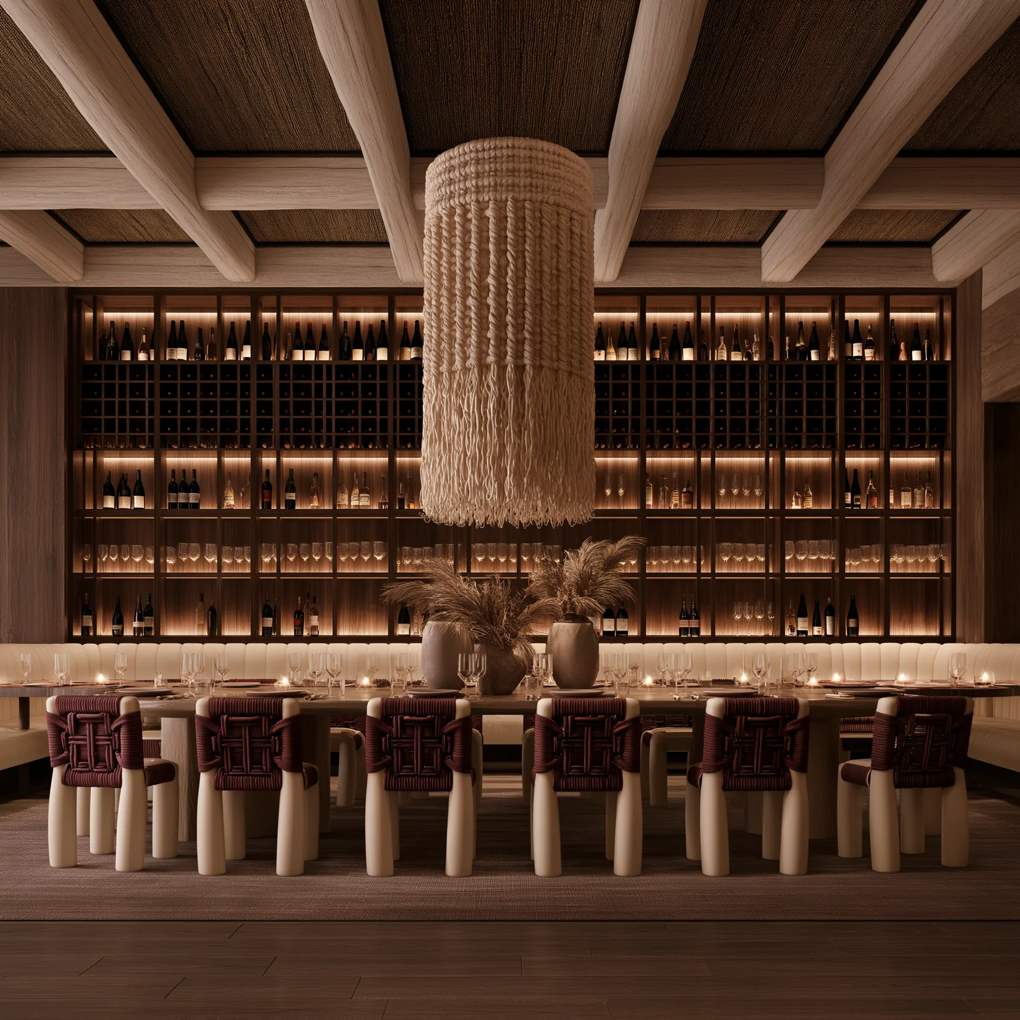 Restaurant interior with a lit wine wall